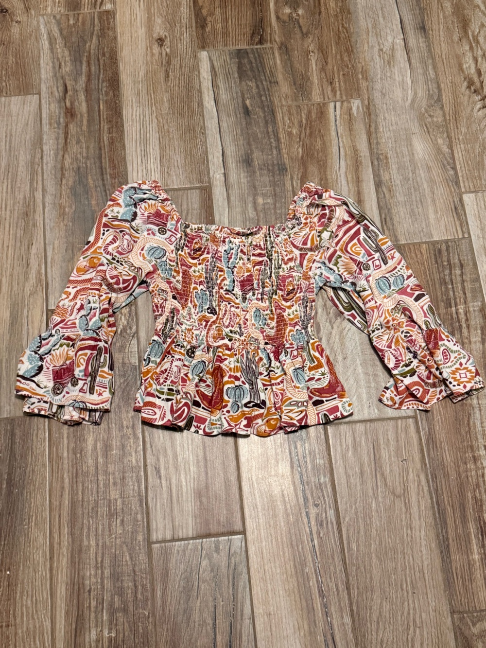 Rockin C Cactus Western Print Bell Sleeve Top